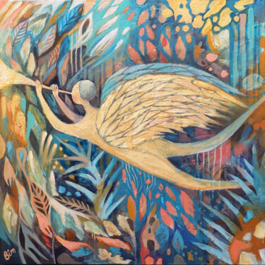 Ζωγραφική με τίτλο "Angel with one trum…" από Katerina Bim, Αυθεντικά έργα τέχνης, Ακρυλικό Τοποθετήθηκε στο Ξύλινο φορείο σ…