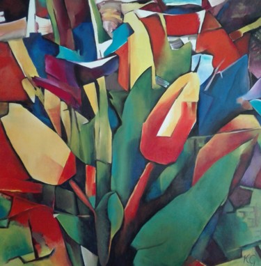 Painting titled "Ultra Tulipa" by Katerina Galle, Original Artwork, Oil Mounted on Wood Panel