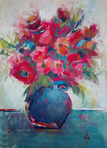 Painting titled "Red Flowers" by Katerina Galle, Original Artwork, Gouache