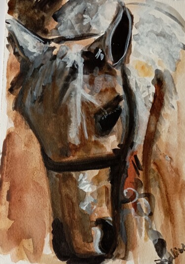 Painting titled "Horse" by Katerina Leousi, Original Artwork, Watercolor