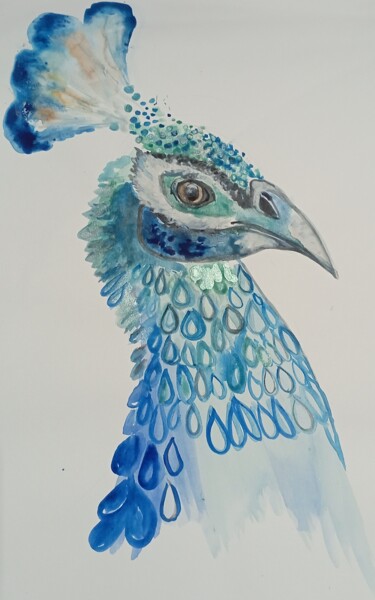 Malerei mit dem Titel "Peacock" von Katerina Leousi, Original-Kunstwerk, Aquarell