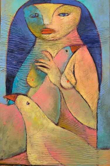 Картина под названием "girl with birds" - Katerina Sapozhkova, Подлинное произведение искусства, Масло