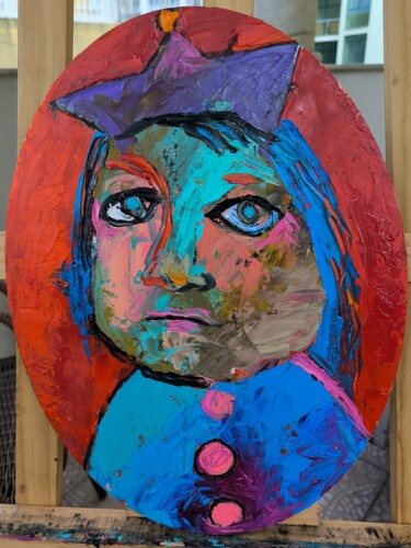 Painting titled "little king" by Katerina Sapozhkova, Original Artwork, Oil Mounted on Cardboard