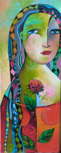 Painting titled "Pensive girl with a…" by Katerina Sapozhkova, Original Artwork, Oil