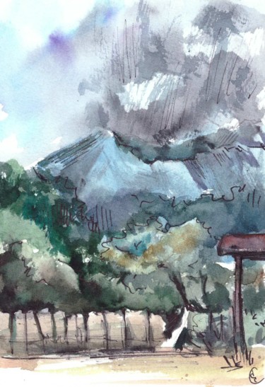 Картина под названием "Japan. Volcano Saku…" - Katerina Sevostyanova, Подлинное произведение искусства, Акварель