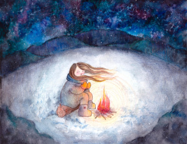 Картина под названием "Winter fireplace" - Katerina Sevostyanova, Подлинное произведение искусства, Акварель