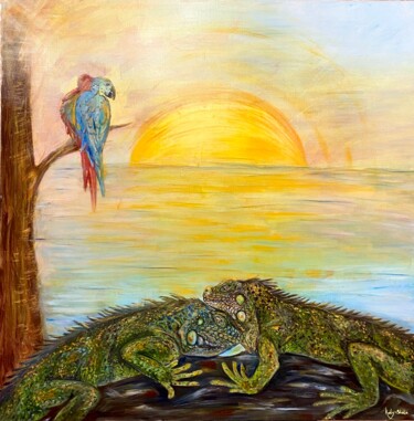 Painting titled "Iguana painting Par…" by Katerina Shata, Original Artwork, Oil