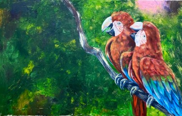 Картина под названием "Parrot Painting Gif…" - Katerina Shata, Подлинное произведение искусства, Масло