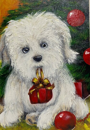 Peinture intitulée "Christmas puppy pai…" par Katerina Shata, Œuvre d'art originale, Acrylique