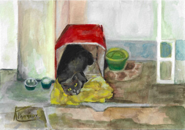 Картина под названием "Το αδέσποτο γατάκι…" - Katerina Tranakou, Подлинное произведение искусства, Акварель