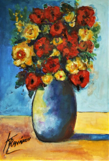 Peinture intitulée "Βάζο με λουλούδια" par Katerina Tranakou, Œuvre d'art originale, Aquarelle