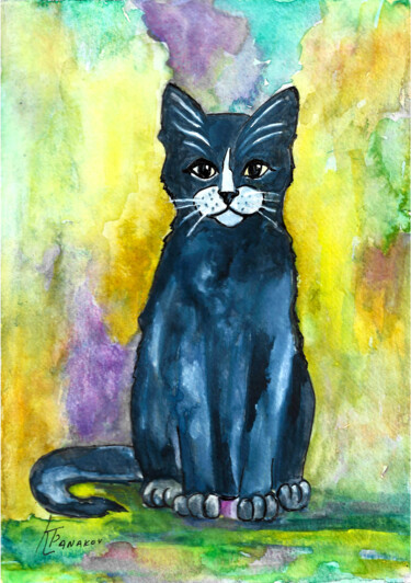 Painting titled "the black cat" by Katerina Tranakou, Original Artwork, Watercolor