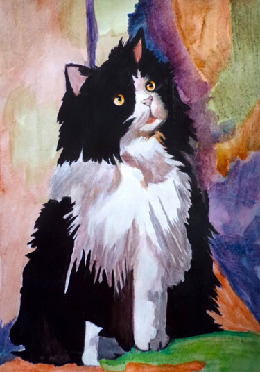 Painting titled "The cat with honey…" by Katerina Tranakou, Original Artwork, Acrylic