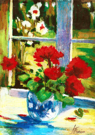 Peinture intitulée "Κόκκινα λουλούδια σ…" par Katerina Tranakou, Œuvre d'art originale, Pastel