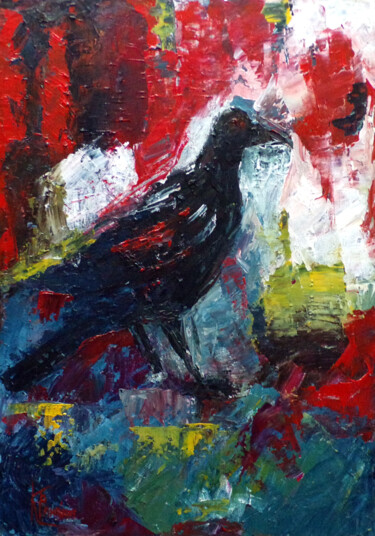 Painting titled "the Raven" by Katerina Tranakou, Original Artwork, Acrylic