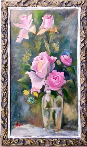 Painting titled "Rose" by Katerina Tranakou, Original Artwork, Oil Mounted on Cardboard