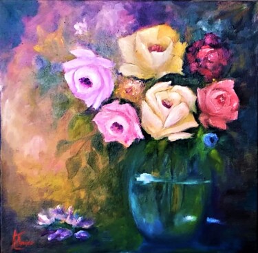 Painting titled "Vase with rose" by Katerina Tranakou, Original Artwork, Oil Mounted on Wood Stretcher frame