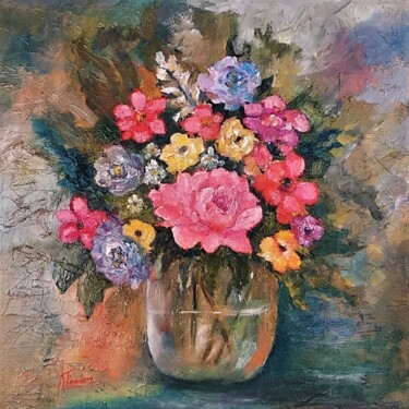 Painting titled "Vase of roses and f…" by Katerina Tranakou, Original Artwork, Oil Mounted on Wood Stretcher frame