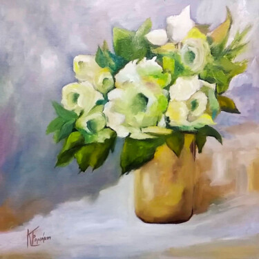 Painting titled "The white rose" by Katerina Tranakou, Original Artwork, Oil Mounted on Wood Stretcher frame