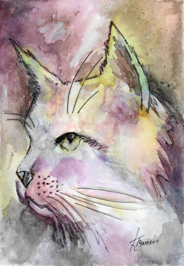 绘画 标题为“Cat in purple” 由Katerina Tranakou, 原创艺术品, 水彩