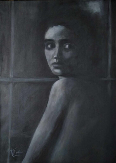 Painting titled "the fear" by Katerina Tranakou, Original Artwork, Acrylic Mounted on Wood Stretcher frame