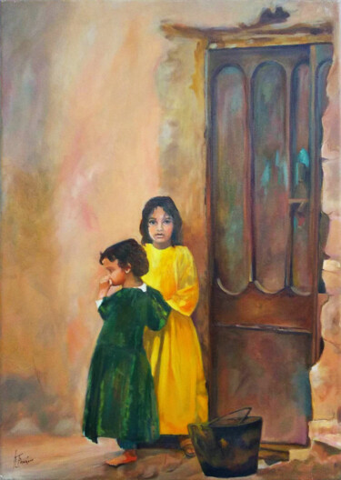 Painting titled "Τα παιδιά του πολέμ…" by Katerina Tranakou, Original Artwork, Oil Mounted on Wood Stretcher frame