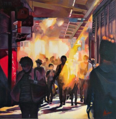 Malarstwo zatytułowany „Στο σταθμό του μετρό” autorstwa Katerina Tranakou, Oryginalna praca, Olej Zamontowany na Drewniana r…