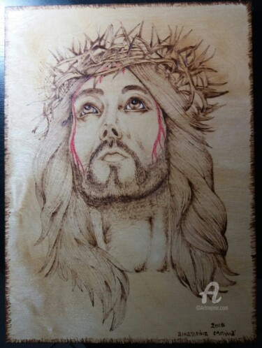 Painting titled "Pyrography with col…" by Katerina Bilia, Original Artwork, Encaustic
