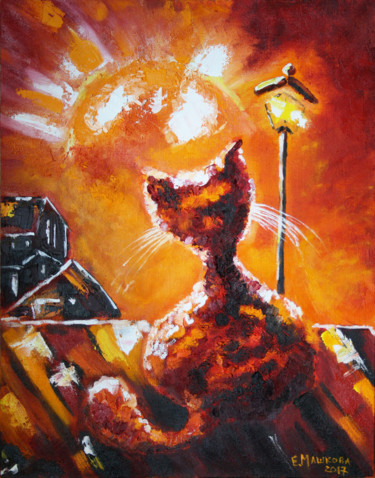 Картина под названием "Крыша, кот, Луна, ф…" - Ekaterina Mashkova, Подлинное произведение искусства, Масло