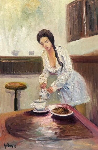 Painting titled "Girl with a coffee…" by Kateryna Krivchach, Original Artwork, Oil