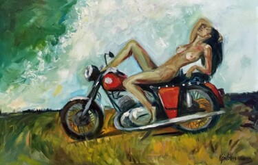 Pittura intitolato "Girl on a motorcycle" da Kateryna Krivchach, Opera d'arte originale, Olio