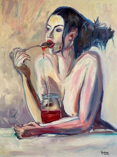 Painting titled "Girl with jam" by Kateryna Krivchach, Original Artwork, Oil
