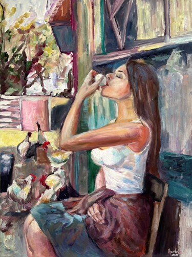 Картина под названием "Girl drinking an egg" - Kateryna Krivchach, Подлинное произведение искусства, Масло