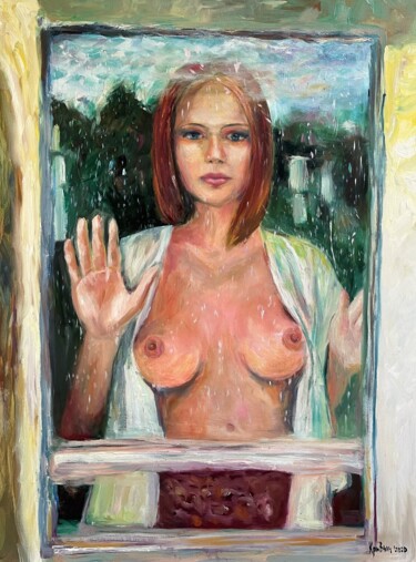 Painting titled "Girl at the window" by Kateryna Krivchach, Original Artwork, Oil