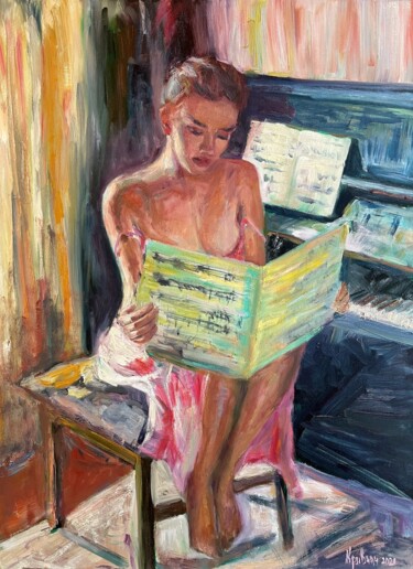 Pintura intitulada "Girl with notes" por Kateryna Krivchach, Obras de arte originais, Óleo