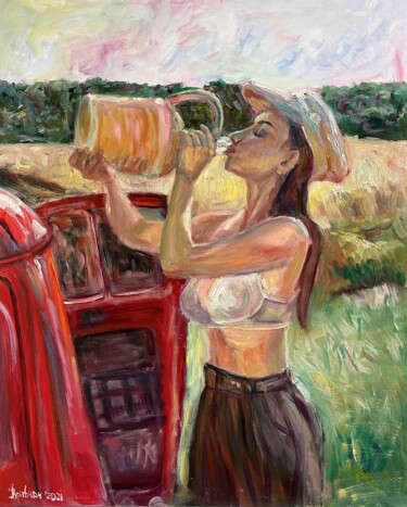 Painting titled "Girl with wine" by Kateryna Krivchach, Original Artwork, Oil