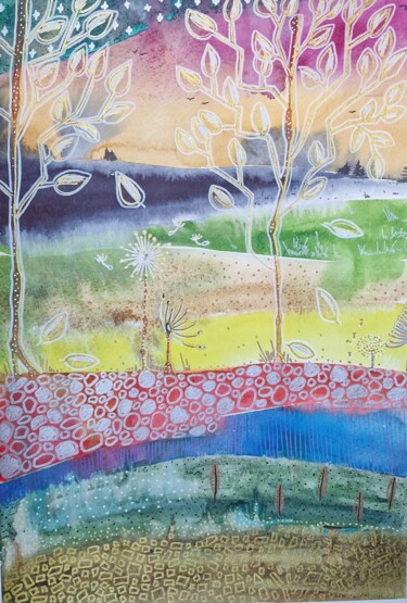 Malerei mit dem Titel "Ghostly landscape" von Kateryna Martynets, Original-Kunstwerk, Aquarell