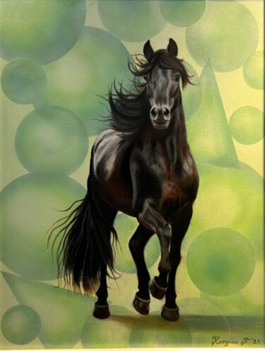 Painting titled "“Friesian mare , gr…" by Kateryna Pozigun, Original Artwork, Oil