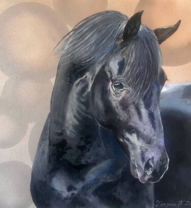 Painting titled "“Friesian mare , be…" by Kateryna Pozigun, Original Artwork, Oil