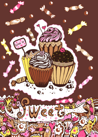 Digitale Kunst mit dem Titel "cupcakes and sweets" von Kateryna Svyrydova, Original-Kunstwerk, 2D digitale Arbeit