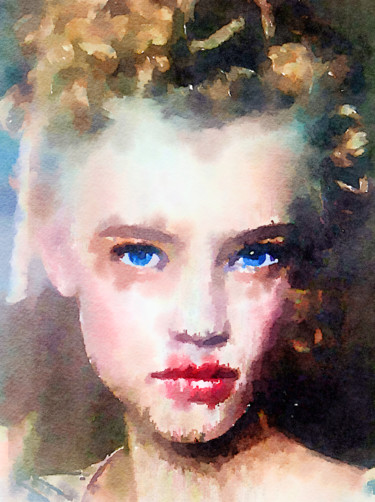 Painting titled "A girl with the blu…" by Kath Sapeha, Original Artwork, Watercolor