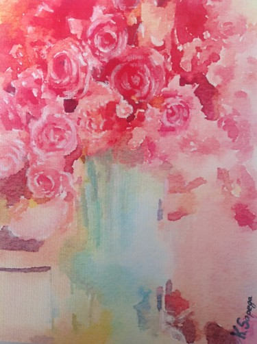 Painting titled "Roses in a green urn" by Kath Sapeha, Original Artwork, Watercolor