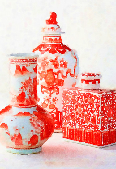 Painting titled "Orange chinoiserie…" by Kath Sapeha, Original Artwork, Watercolor
