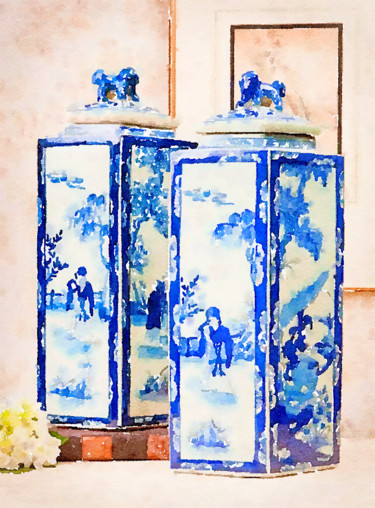 Pintura intitulada "Chinoiserie jars wi…" por Kath Sapeha, Obras de arte originais, Aquarela