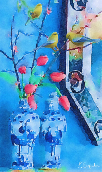 「Tulips and cherry b…」というタイトルの絵画 Kath Sapehaによって, オリジナルのアートワーク, オイル