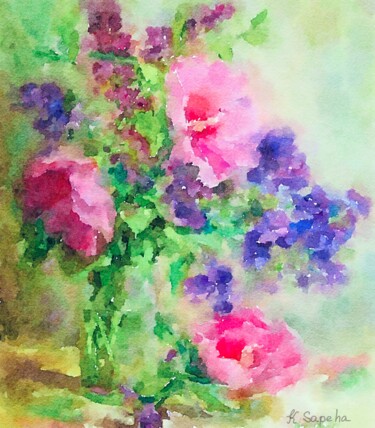 Malerei mit dem Titel "Peonies and lilac i…" von Kath Sapeha, Original-Kunstwerk, Aquarell