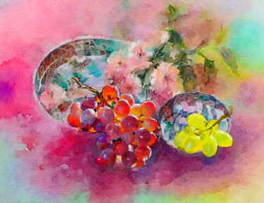 Pintura titulada "Grapes in chinoiser…" por Kath Sapeha, Obra de arte original, Acuarela