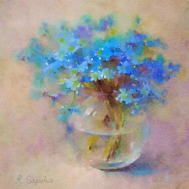 「Blue flowers in a f…」というタイトルの絵画 Kath Sapehaによって, オリジナルのアートワーク, 水彩画