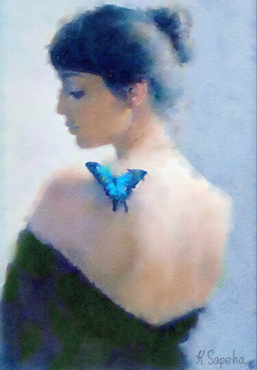 Pintura intitulada "A girl with blue bu…" por Kath Sapeha, Obras de arte originais, Aquarela