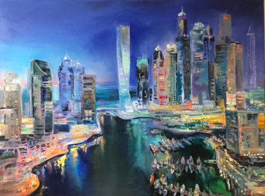 Painting titled "Night in Dubai" by Katharina Valeeva, Original Artwork, Oil Mounted on Wood Stretcher frame